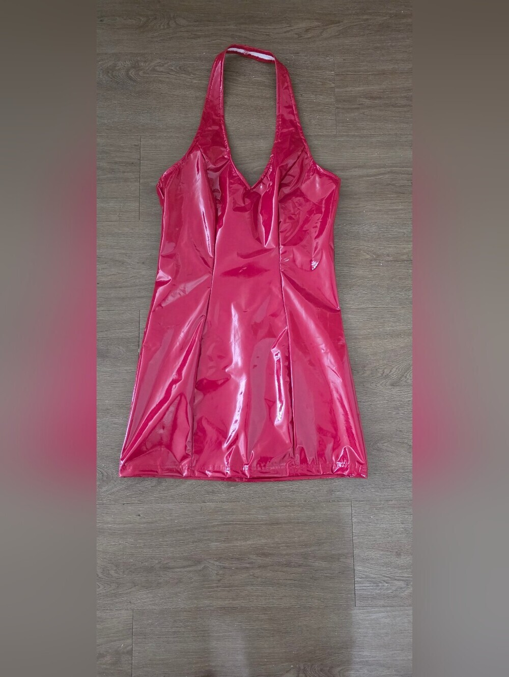 Shiny Red Vinyl V-Neck Mini Dress